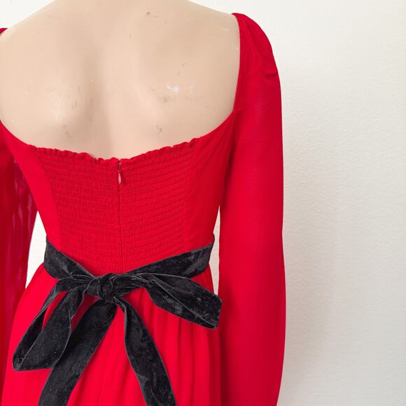 [Reformation] Red Square Neck Long Sleeve Silves Mini Dress NWT Velvet Belt 12 - Picture 9 of 11